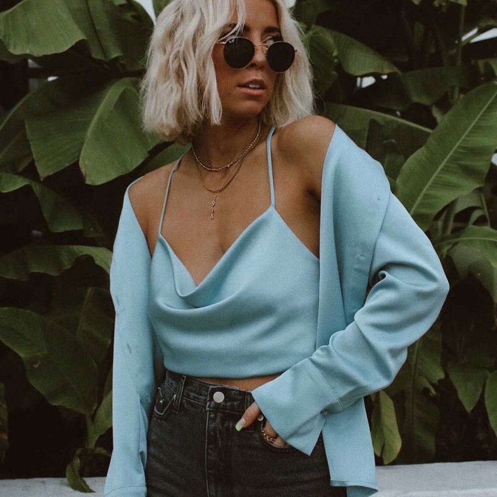 12TH TRIBE Satin cowl neck tank and button up
